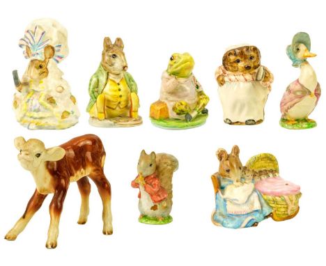 Seven Beswick Beatrix Potter figures with gold backstamps.  Comprising 'Lady Mouse', 'Hunca Munca', 'Samuel Whiskers', Jemima