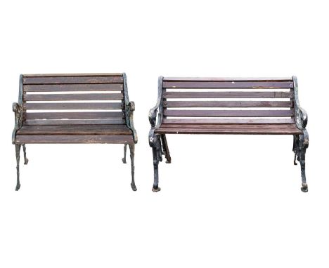A small cast iron garden bench, width 79.5cm. Together with another garden bench, width 119cm (2).
