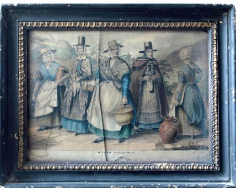 A coloured print of five ladies in Welsh costume.  Together with three other prints: Children bird nesting, Ralph Osborne by 