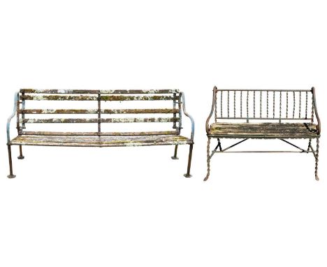A cast metal and slatted wood garden bench, and a wrought metal and slatted wood bench.  190cm and 122cm wide respectively (2