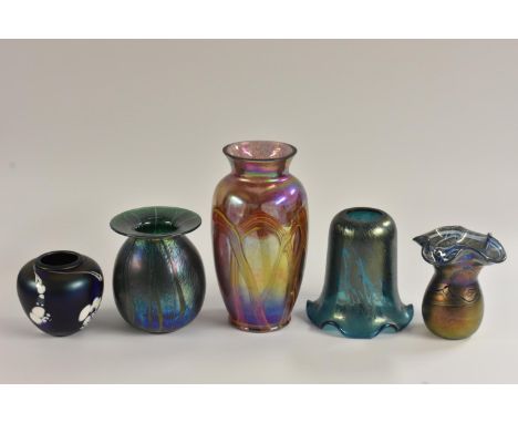 Studio Glass - a slender ovoid vase, in iridescent shades of pink,orange, purple and green, 22cm, unmarked; an ovoid vase, ev