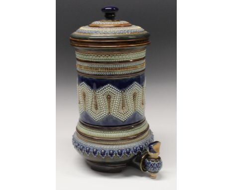 A Doulton Lambeth water filter, incised and applied with stylised leaves the bulbous base with stiff leaves, glazed in tones 