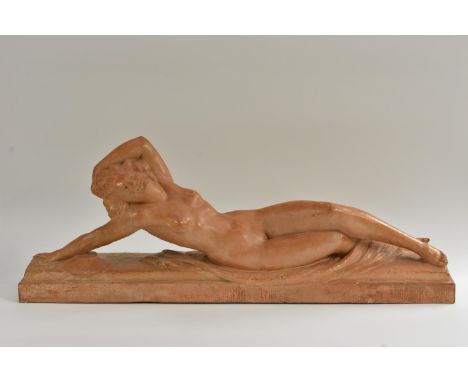 After Bouraine, a French Art Deco style terracotta model of a reclining scantiliy draped nude, signed in the maquette, steppe