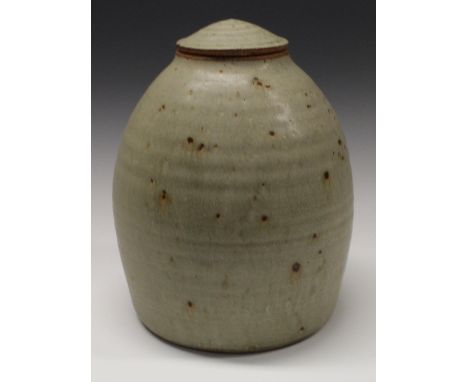 Joanna Constantinidis (1927-2000) - a large stoneware globular vase and cover, manganese speckles on a buff ground, 32cm high