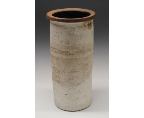 Joanna Constantinidis (1927-2000) - a large stoneware cylindrical vase, washed in white, 41cm high,  seal mark, c.1970Joanna 