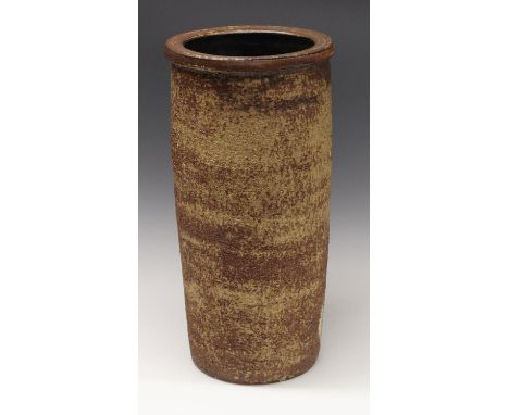 Joanna Constantinidis (1927-2000) - a large stoneware cylindrical vase, dry textured body and rust highlights, 43cm high,  se