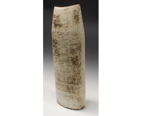 Joanna Constantinidis (1927-2000) - a large stoneware flattened oviod vase,  speckled in brown on a cream ground, 55.5cm high