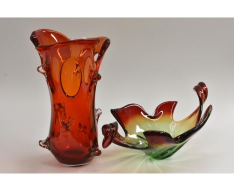 A large Murano glass studio vase, in red with three open ovals and pinched sides, 38cm; a similar sommerso twisted splash vas