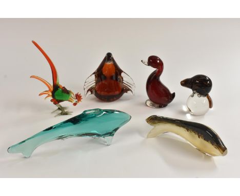 A Whitefriars model of a duck, in ruby red with bubble inclusions, 14.5cm; a wedgwood model of a penguin, 14cm, engraved mark