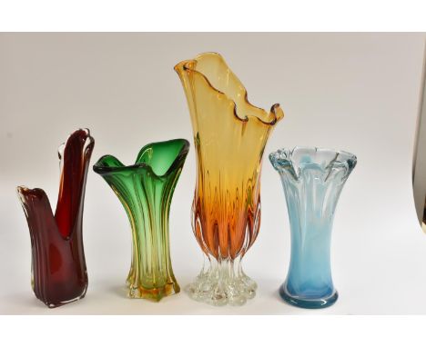 A large Murano glass studio vase, sommerso colours in amber and white, folded form, 46.5cm; three other similar smaller studi