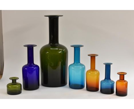 A large Holmegaard Gul vase, designed by Otto Brauer, in deep olive green, 51cm; another smaller in cobalt blue, 31cm; anothe