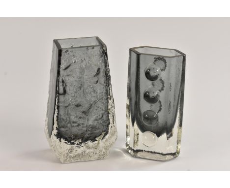 A Whitefriars Coffin vase, designed by Geoffrey Baxter, textured bark effect in willow, shape number 9686, 13.5cm high; anoth