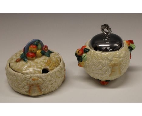 A Clarice Cliff Celtic Harvest globular preseve pot , by Newport Pottery Co, in relief with wheatsheaves and corn ears, chrom