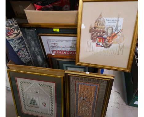 A tapestry wall hanging, pictures and prints inc. modern samplers and similar, Chinese embroidered etc 