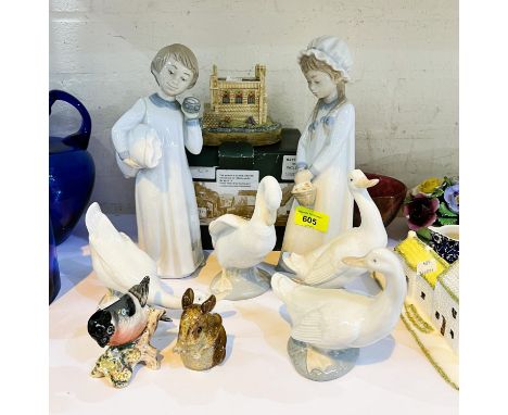 A pair of Nao figures of children, 5 Nao ducks, other china animals etc. 