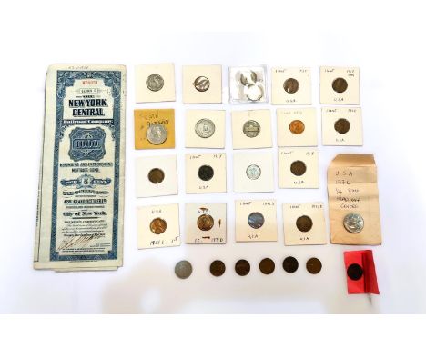 USA: A New York Central Railway Company share certificate; various coins 