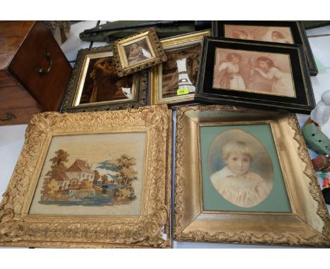 Two crystoleum pictures, various 19th century prints and a tapestry picture all gilt framed&nbsp;&nbsp; 
