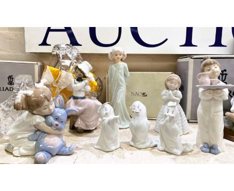 Five Nao figures of children and 3 Nao ghosts, 2 cut glass baskets