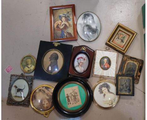A collection of various miniature portrait watercolour, prints etc in various frames 