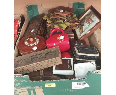 A cuckoo clock, two inlaid boxes, pair of binoculars etc. 