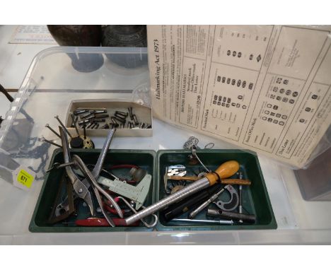 Box of tools for watchmaking and jewellery making, to include:- Moe type diamond gauge, ring stick and finger sizers, finger 