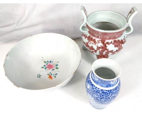 A Chinese bowl with polychrome decoration, diameter 22cm and three footed ceramic censor and a Chinese blue and white vase. 