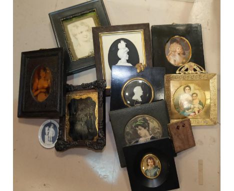 A collection of various miniature portrait watercolour, prints etc in various frames 