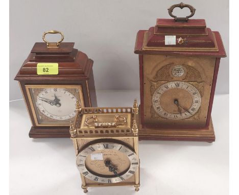 A Georgian style red lacquer bracket clock (no front door); a similar smaller walnut faced bracket clock by Elliot; a reprodu