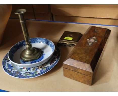 A burr walnut box box; brass candlestick; blue and white dishes etc. 