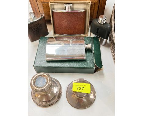 4 hip flasks, a hallmarked silver weighted dwarf candlestick, a hallmarked silver ink pot, 3 boxes with small amount of costu
