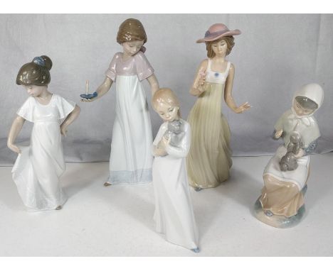 Five Nao figures of young girls with candles, flowers or puppies etc 