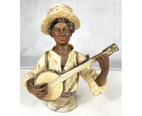 A porcelain bust by Goldscheider of a man playing the banjo, height 21cm