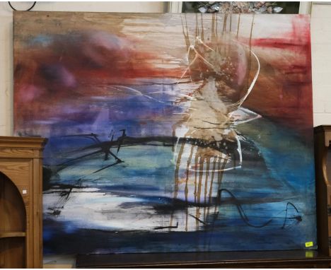 A large modernist abstract oil on canvas of turquoise reeds etc, 123 x 155cm 