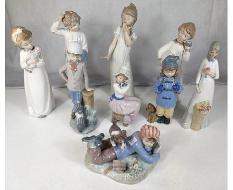 A Lladro group of a boy with his dog; 8 Nao figures of children