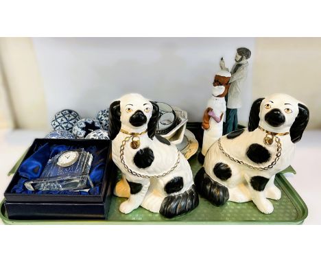 An originally boxed "Royal Scott Crystal" quartz mantle clock; a pair Victorian style Staffordshire dogs; 5 reproduction blue