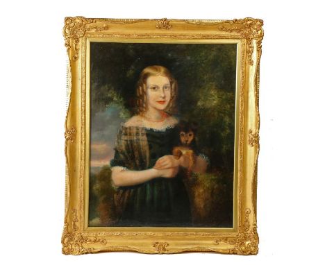 English School (Circa 1840)A Portrait of Elizabeth Marshall (Born 1831) holding her pet dog 'Pip'.oil on canvas83 x 66cm (32.