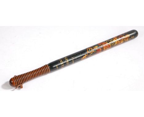 A George IV police truncheon, polychrome painted with the Royal Coat of Arms, legend Honi Soit Qui-Mal-Y-Pense under&nbsp;'G.