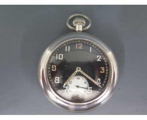 A WW2 Bravingtons, Swiss made, military pocket watch in metal case with clear marks to back 'GS/TP, S Broad Arrow, 014122, Br