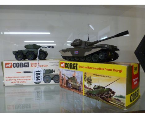 A Corgi no 901 Centurion mk III tank boxed as new, firing, elevating gun with 12 shells and a Corgi no 906 Saladin armored ca