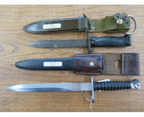 A Swiss STGW 57 SIG SG510 Bayonet and scabbard with leather frog - Length 38cm and a Danish M 62HTK Tech Corps with scabbard 