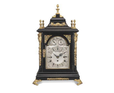 A good late 19th century gilt metal mounted ebonised quarter chiming table clock sounding on up to ten bells and five gongsHa