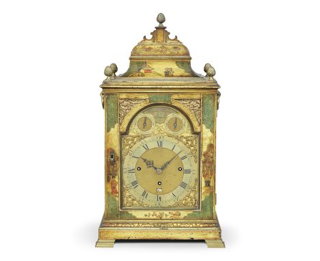 A fine and rare mid 18 century quarter chiming table clock, chinoiserie decorated on a light yellow ochre groundEardley Norto