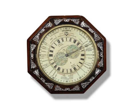 A rare mid-19th century mother-of-pearl-inlaid rosewood dial timepiece with revolving world time indicationJames Cooke, Birmi