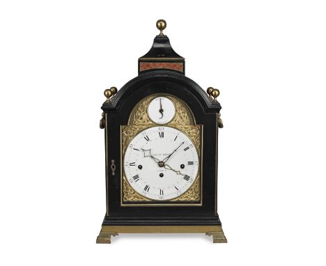 A late 18th century ebonised quarter chiming table clock with enamel dialsEardley Norton, London, Number 2202The arched top s