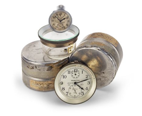 A rare glass exhibition case for a Hamilton two-day marine chronometer, together with a Hamilton chronometer and deckwatch (3