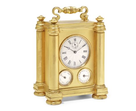 A FINE MID 19TH CENTURY ENGINE TURNED GILT BRASS CARRIAGE TIMEPIECE WITH SUBSIDIARY SECONDS AND DAY AND DATE CALENDAR DIALSBa