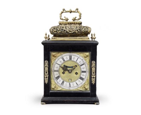 A good late 17th century quarter repeating ebony basket top table clockJoshua Wilson, LondonSurmounted by a waisted repousse 