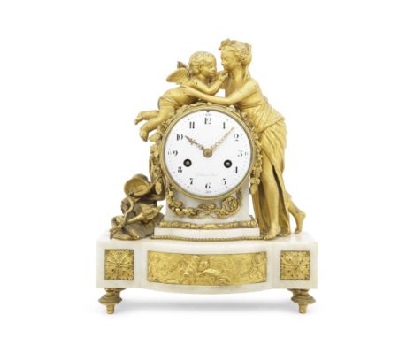 A late 18th century French ormolu and marble figural mantel  clockPochon a ParisDepicting a classical woman dis-arming Cupid,