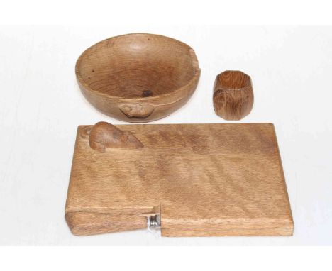 Mouseman octagonal napkin ring, nut bowl and small cheese board with knife, 23cm across (3).