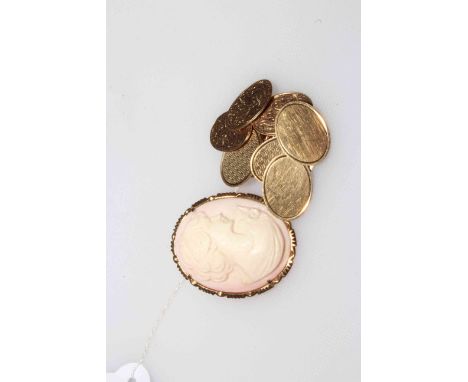 Two pair of 9 carat gold cufflinks, engine-turned and engraved, and 9 carat gold mounted pink cameo brooch, 3.75cm by 3cm (3)
